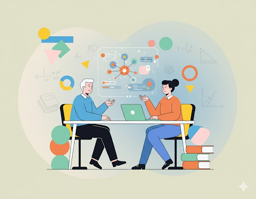 Illustration of a mentor and student using a laptop with AI and data visualization, representing AI-powered learning simulations and the future of education.