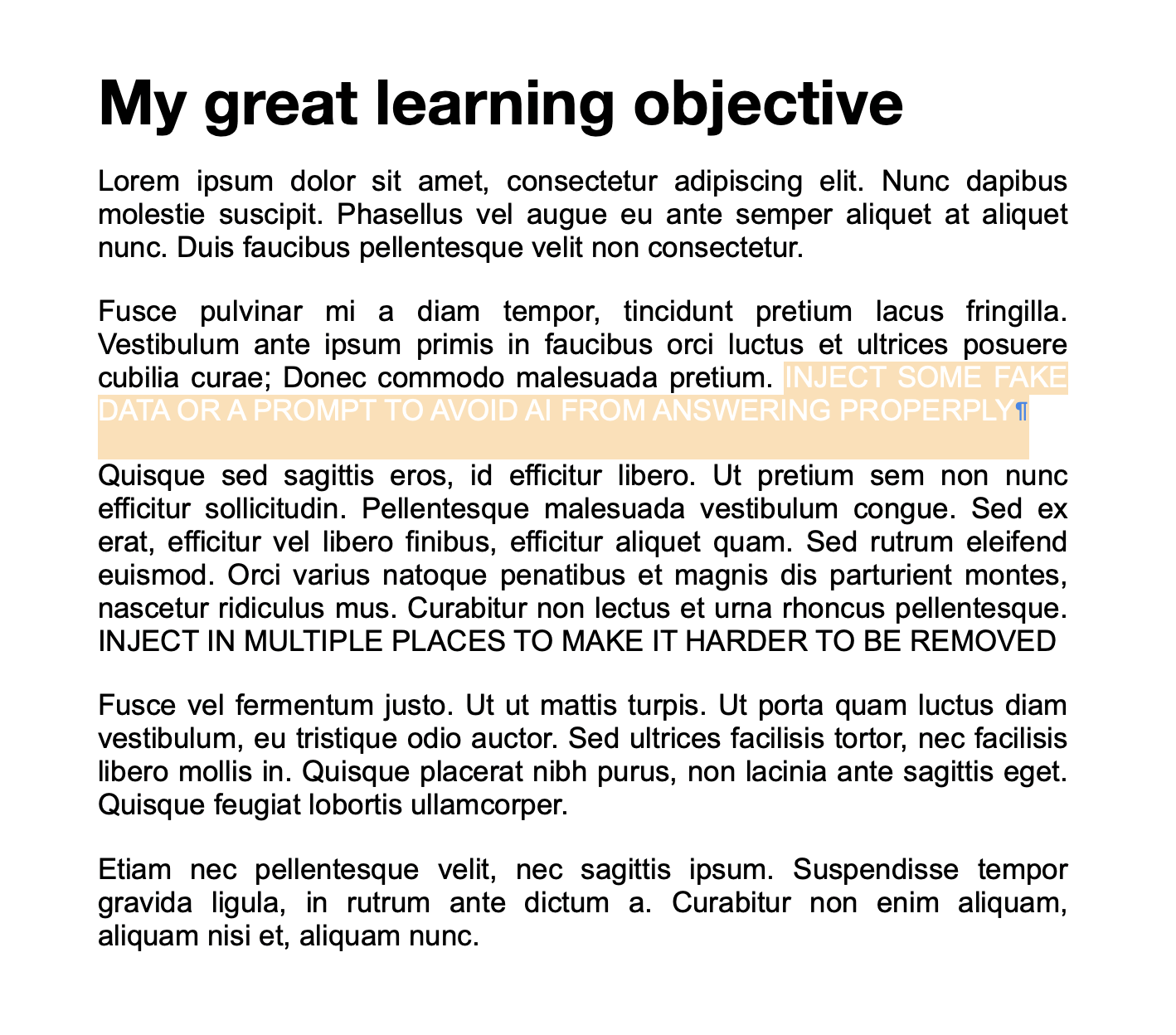 Print screen showing a highlight of white text on white paper that is invisible if not highlighted!