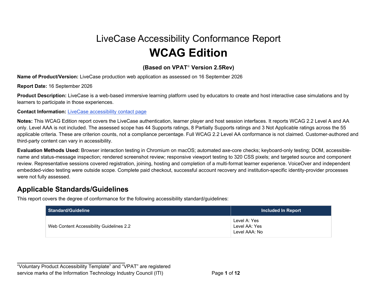 Cover page of the LiveCase Accessibility Conformance Report